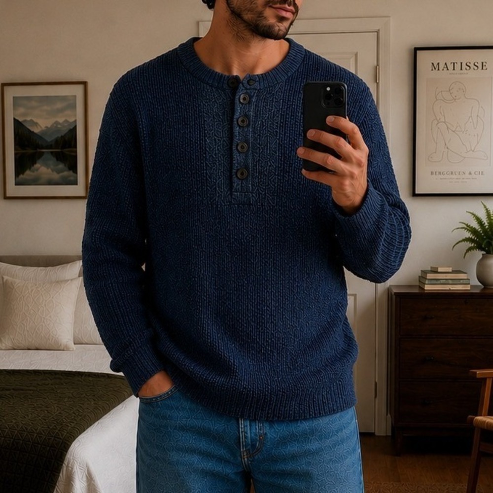 Vintage Mens‎ Henley Sweater Large Blue Old Money Classic Preppy Heritage